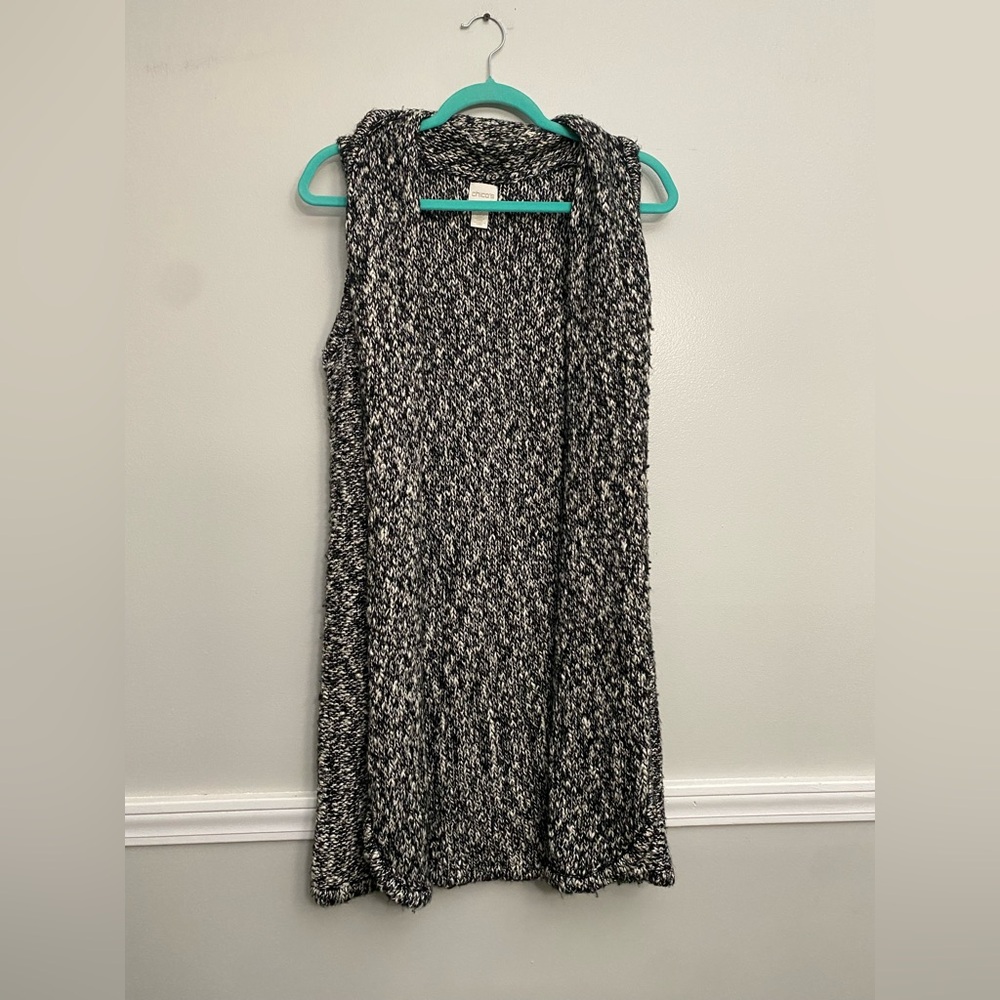 Chico's Black White Cotton Blend Sleeveless Chunky Knit Open Cardigan